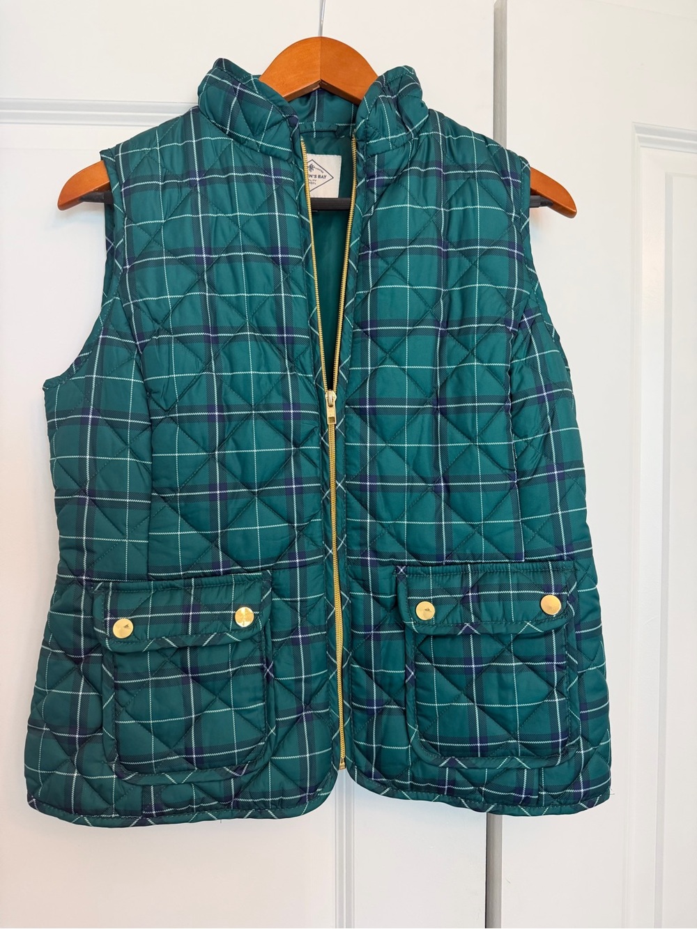 St. John’s Bay Green Plaid Quilted Vest Gold Hardware Size S